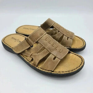 Minnetonka Tan Brown Leather Suede Slides Sandals Comfort Cushioned 7